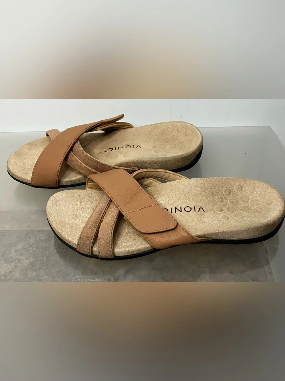 Vionic Zarie Sandals Women's 8 Leather Slide Strap Tan Macaroon